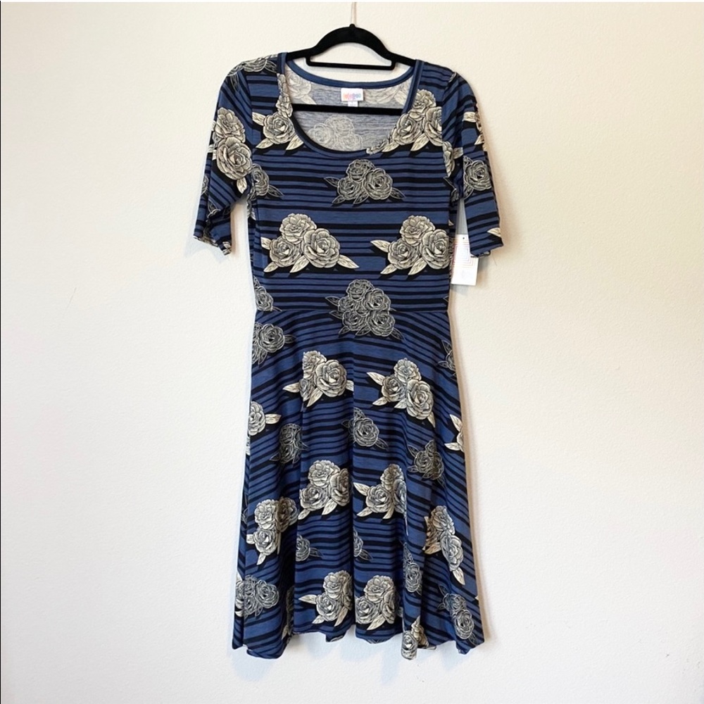 NWT LulaRoe Blue Cream Striped Floral Midi Dress L